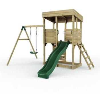 Rebo XL Lookout Tower Playhouse, Brown, Equipped with Single Swing & Slide