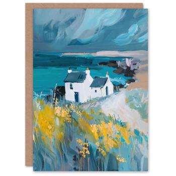 Artery8 Coastal Wildflower Cottage Oil Painting Greeting Card (Blue)