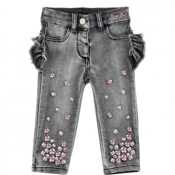 Jeans Grigio Neonata Monnalisa in Denim con Ricami Fiori