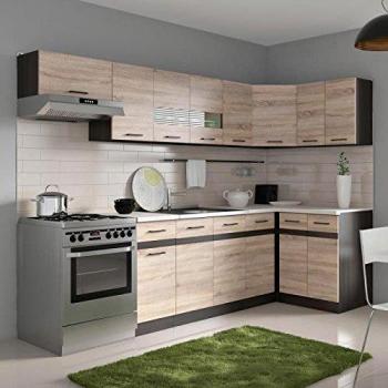 Cuisine d'angle complète avec éclairage LED et plan de travail L 3m40 Décor chêne sonoma