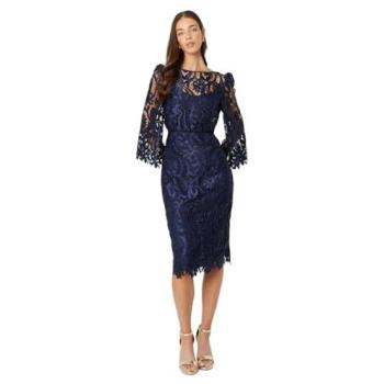 Satin Lace Boatneck Midi Dress in Navy with Fluted Sleeves – Size 14