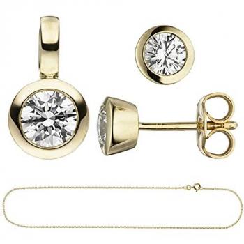 Damen Schmuckset 333 Gold mit 3 Zirkonia, Kette 45 cm und Ohrstecker