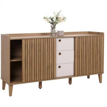 Commode à portes coulissantes Sideboard Hwc‑M48, bois de manguier MDF naturel, tiroirs blancs, 81×150×40 cm