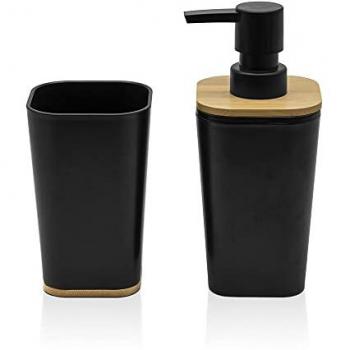 Set bagno nero opaco con dispenser e portaspazzolino in bambù