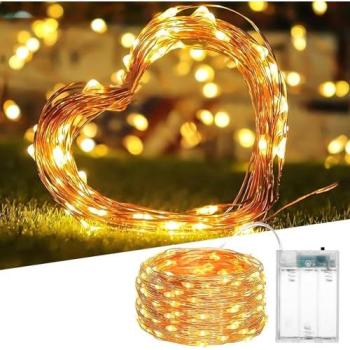 Shatchi 10 M Warm White LED Fairy Rope – 100 Mini LED Balls, Rice‑Gold Copper Cable, Battery Powered, Yellow