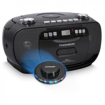 Lecteur radio K7 CD Thomson RK200CD avec tuner FM analogique, enregistreur intégré, sortie audio 3,5 mm, options 220 V ou piles, indicateur LED lumineux