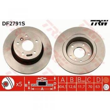 Remschijf TRW DF2791S, Achter, 1 Stuk