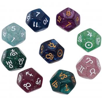 Astro‑dés multicolores 9 pcs – signes du zodiaque