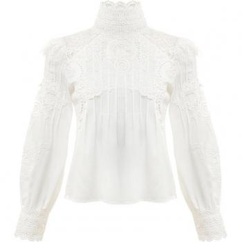 Chemisier en maille avec patchwork pour femme, col montant, manches lanterne, automne