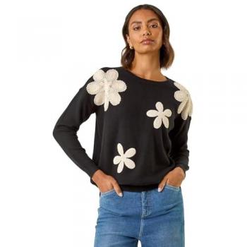 Pull noir à empiècements en dentelle florale Roman