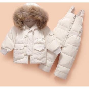 Thick Fur Hooded Snow Parka and Overalls for Kids