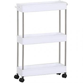Carrello multiuso con 3 ripiani per bagno o cucina, colore bianco, in plastica, salvaspazio e dotato di ruote