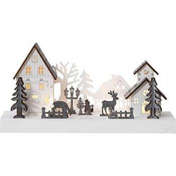 Décoration Noël Faune Village Hivernale en Bois avec LED et Minuterie – Blanc Chaud