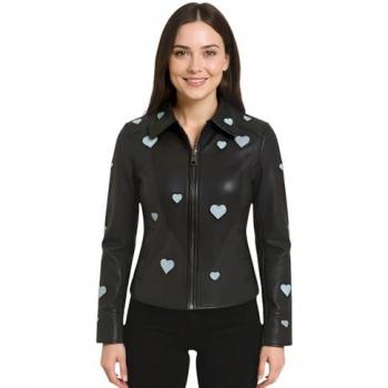 Black Malta Leather Heart Biker Jacket for Women – Size 12