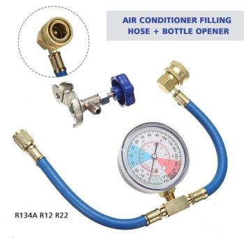 Conector R134A Azul + Manguera Recarga + Manómetro + Herramienta de Diagnóstico en Acero Inoxidable