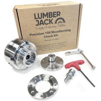 Lumberjack Precision 100 4‑Jaw Chuck Set for Woodturning – 1″ × 8 TPI, Silver, Storage Included
