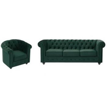 Canapé vert CHESTERFIELD 3 places et fauteuil