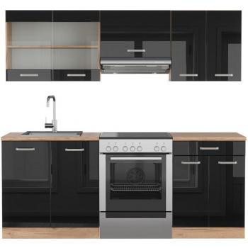 Cuisine Vicco R-Line, 200 cm, Noir Brillant avec Chêne Doré