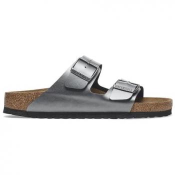 Estilo Arizona Birko-Flor: Sandalias Estrechas en Gris Plateado, talla 42