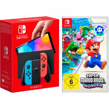 Nintendo Switch OLED‑Konsole mit Super Mario Bros. Wonder (neonrot/neonblau)