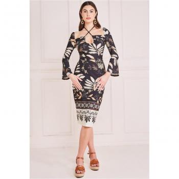 Printed Tie Back Midi Dress by Goddiva in Black