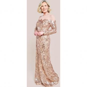 Champagne Floral Sequin Mesh Maxi Dress