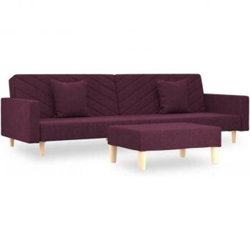 Sofá cama de tela morada 2 plazas con reposapiés y 2 cojines