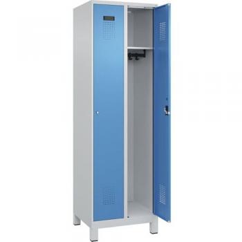Vestiaire C+P Evolo Plus 600×500×1950 mm – 2 compartiments, pieds, charnières droites, cylindre gris/bleu