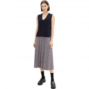 Mid‑Waist Plissé Midi Skirt in Geometrics (Blue/Brown) – Tom Tailor 1039281