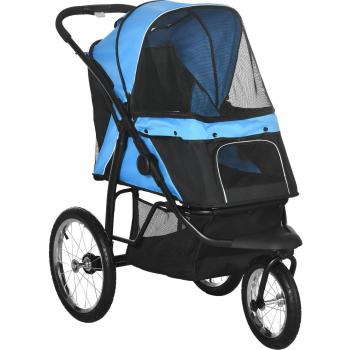 Foldable Blue Pet Stroller for Small and Medium-sized Dogs with Wheels, Canopy, and Adjustable Handle
