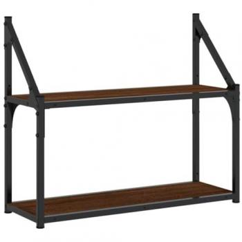 Rangement mural moderne : étagère double niveau, couleur brun chêne – 60x21x51 cm