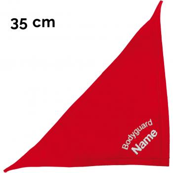 Rotes Schecker Hundekopftuch “Bodyguard” – 35 cm – Name des Hundes eingestickt