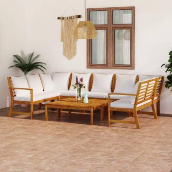 Set de jardin 9 pièces en bois d'acacia massif avec coussins crème