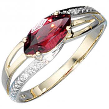 JOBO Damenring 585 Gold Gelbgold teilrhodiniert 2 Diamant-Brillanten 1 Granat