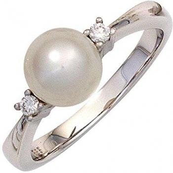 JOBO Elegant Ring 585 Gold Weiß mit Süßwasserperle & 2 Diamanten – Größe 54