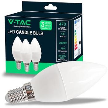 Bulb LED V‑TAC E14 4,5 W 3000 K en forme de bougie – lot de 3 pièces