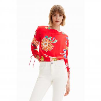 Blouse corta in seta fiorita con motivi arricciati