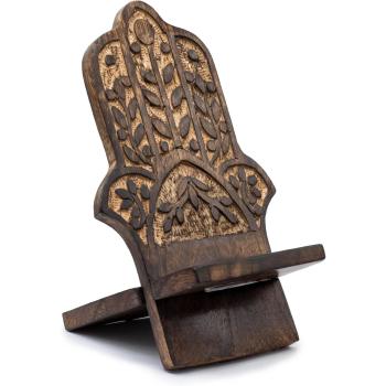 Hand‑Carved Hamsa Phone Support – Natural Brown Wood