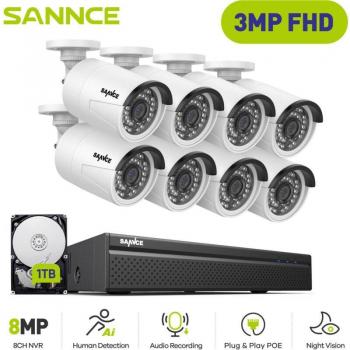 SANNCE 3MP 8‑Camera Home Security Bundle: IP, Night Vision, Motion Alert, 1TB HDD