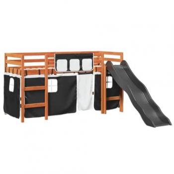Kids' Loft Bed with Curtains White&Black 90x200 cm Solid Wood Pine Vidaxl
