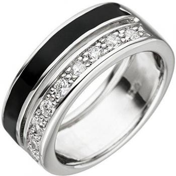 Sterling-Silber Ring JOBO – 9 Zirkonia, schwarze Lackeinlage, 58 mm