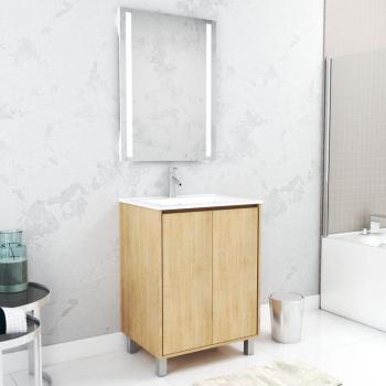 Aurlane Mobile Bagno 60cm Rovere Chiaro con 2 Ante, Lavabo e Specchio 60x80 LED
