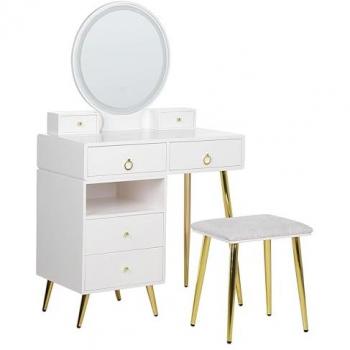 White and Gold MDF Dressing Table with 6 Drawers and LED Mirror