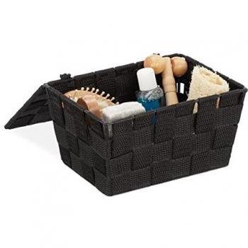 Cestini da Bagno con Coperchio, Set di 3, in pp Intrecciato, Dimensioni HxLxP 10,5 x 19,5 x 14,5 cm, Nero