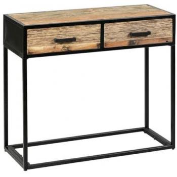 Console Tanetoa « Eco‑Wood » : 2 tiroirs, teck recyclé, métal noir