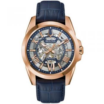 Bulova 43mm Miyota Blue Leather Strap Watch