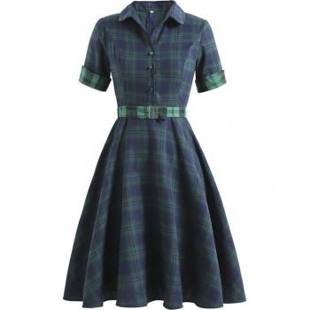 Vestido de Primavera para Mujer, Cuadros Verdes y Azules, Camisa con Botones, Cinturón, Estilo Midi, Algodón