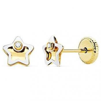 Pendientes de 5mm en oro bicolor 18K para niña con cierre de tuerca