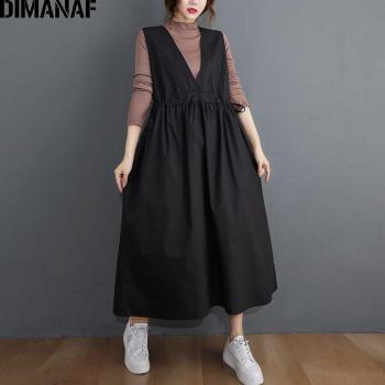 Vestido Sólido Negro con Cuello en V y Fajas DIMANAF