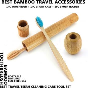 Brosse à dents en bambou avec étui de voyage et support en bois